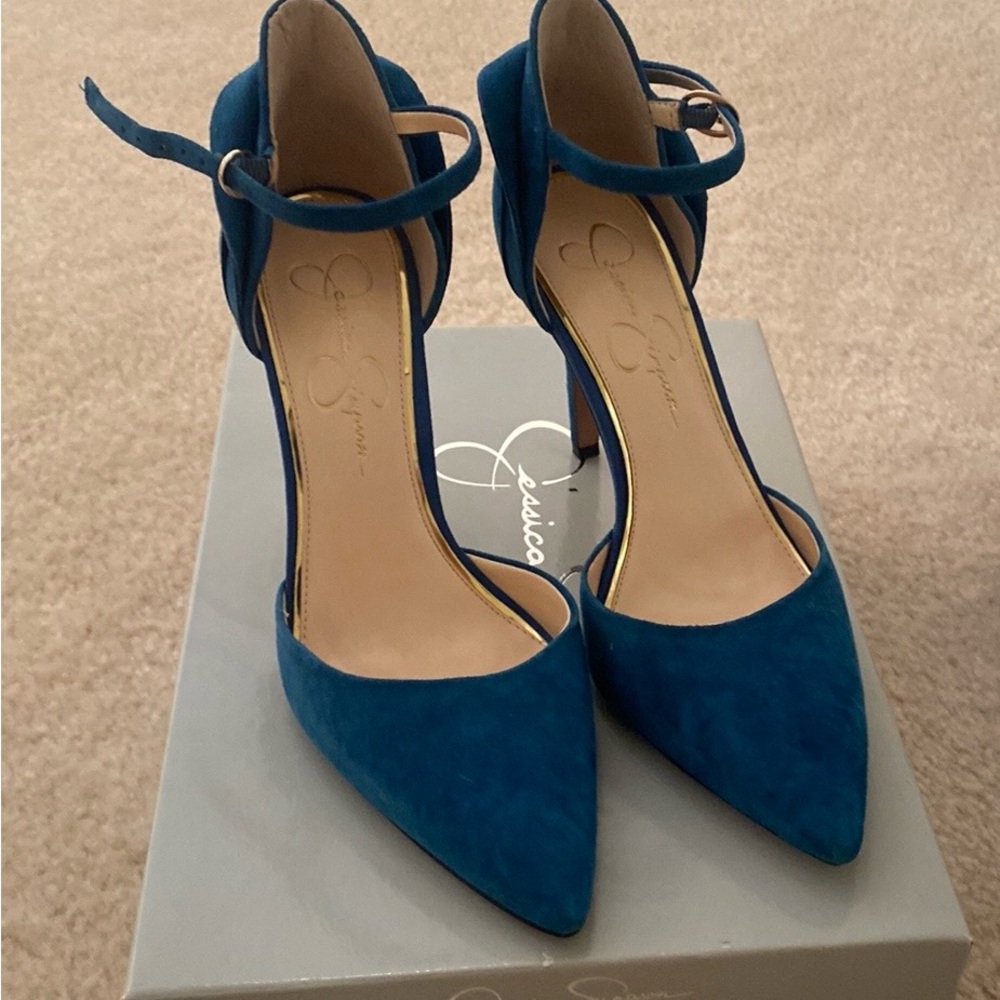 Women's Shoes Jessica Simpson Carlette Ankle Strap Pumps Teal Suede Size 8M